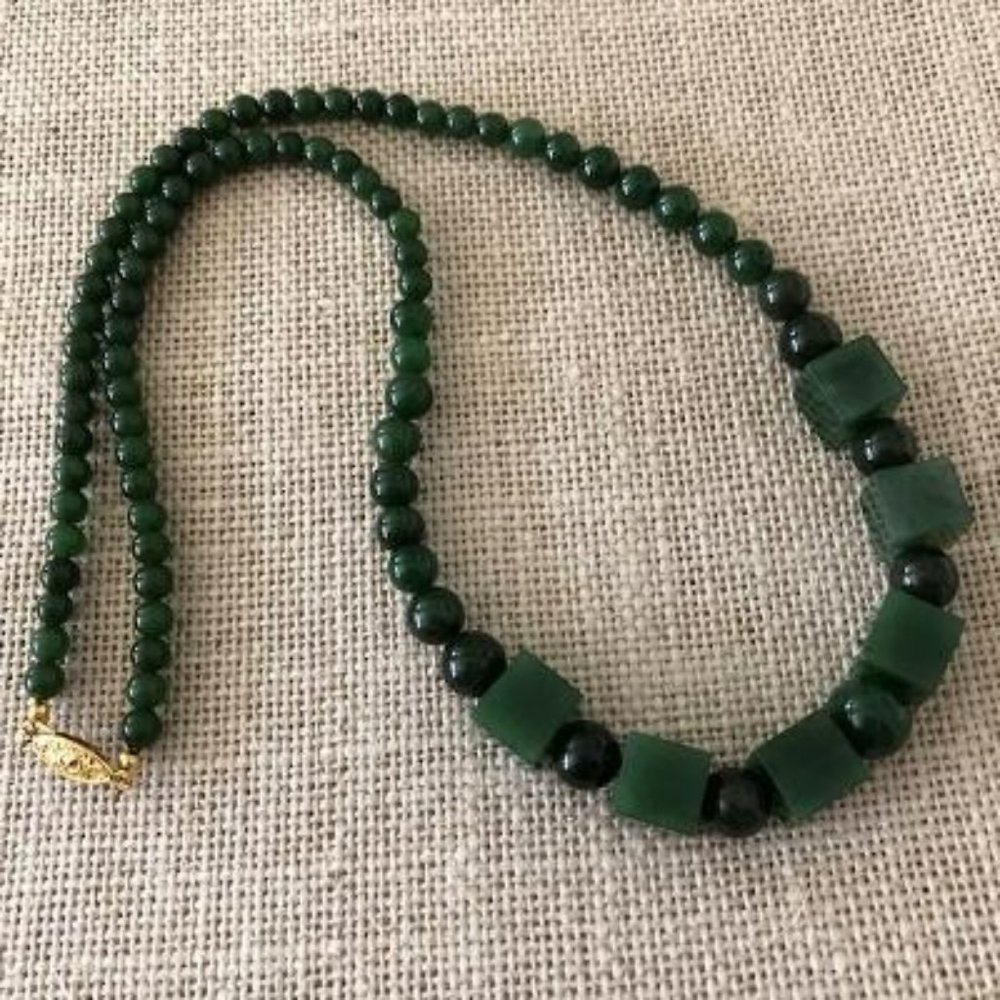 Art Deco Chunky Dark Green Nephrite Jade Necklace